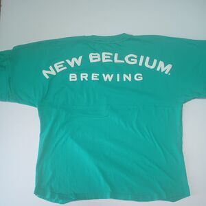 New Belgium Brewing Size L Long sleeve Shirt Top Puff Logo Spellout Blue Green